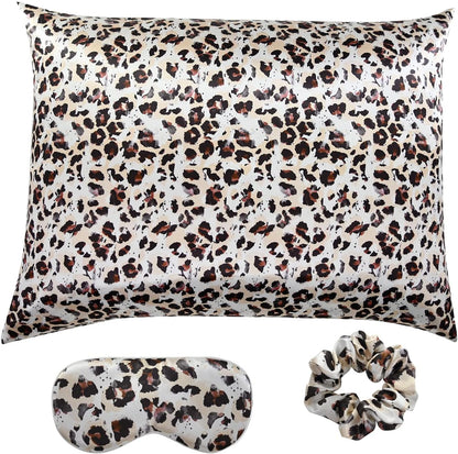 Elegant Luxury Satin Silk Pillowcase for Hair and Skin, Vegan Silk Pillowcase Cover Set with Hiden Zipper with Eye Mask and Scrunchie, Standard Size, Leopard