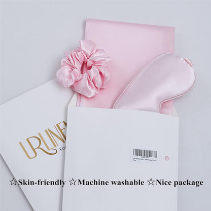 Satin Pillowcase for Hair and Skin, Vegan Silk Pillowcase Set-2 Pink Satin Pillowcases, 1 Eye Mask, 1 Scrunchie-Luxury Sleep Set, Silky Standard Satin Pillow Cases with Envelope Closure