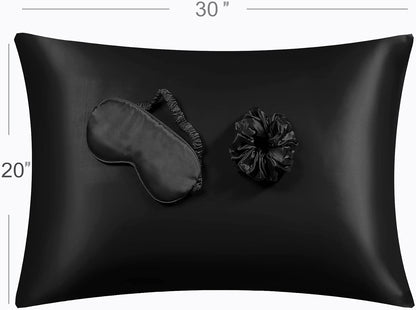 Satin Pillowcase Set - 2 Black Queen Size Pillowcases, 1 Eye Mask, 1 Scrunchie - Premium Silky Satin for Hair and Skin Protection, Hydrating and Reducing Friction