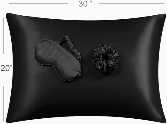 Satin Pillowcase Set - 2 Black Queen Size Pillowcases, 1 Eye Mask, 1 Scrunchie - Premium Silky Satin for Hair and Skin Protection, Hydrating and Reducing Friction