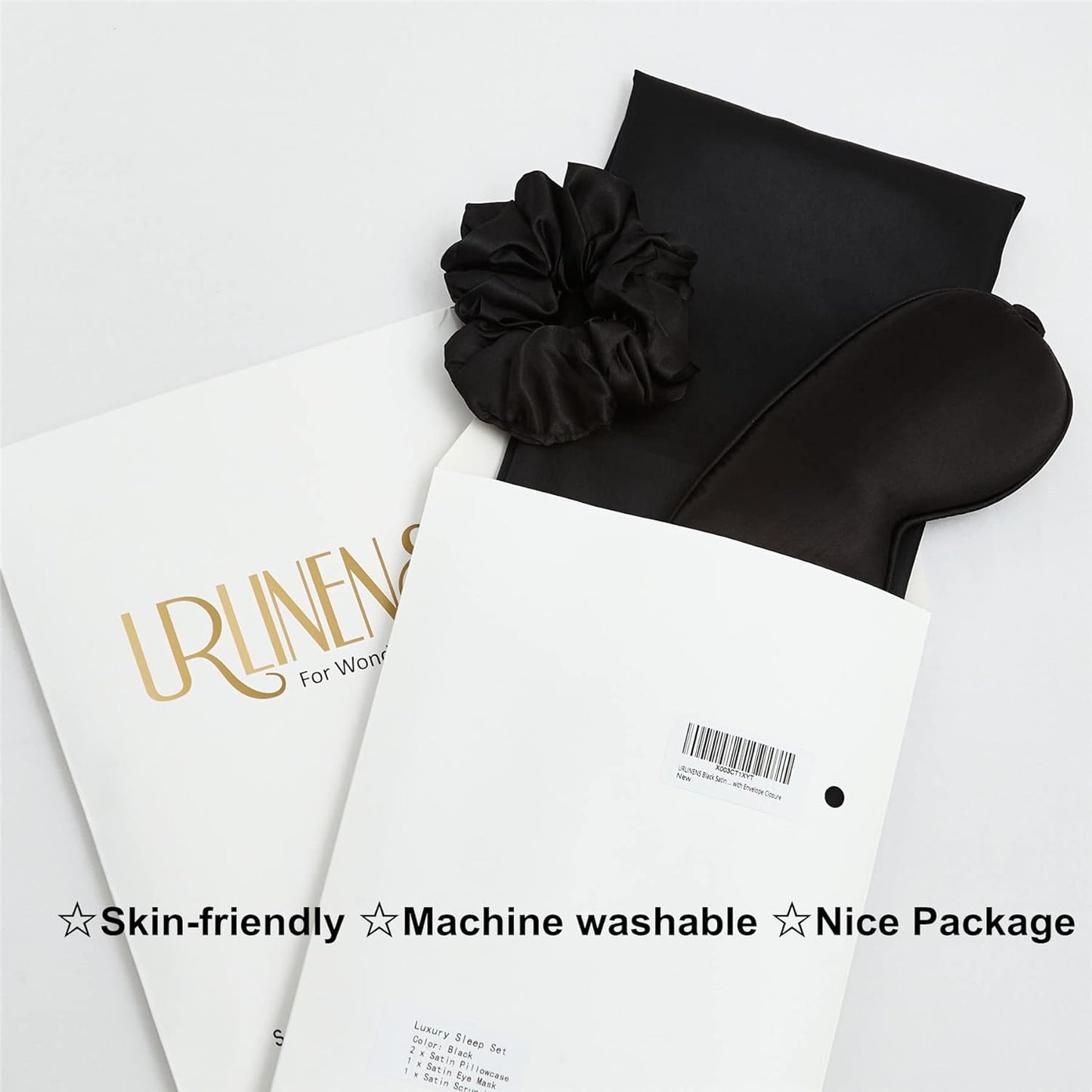 Satin Pillowcase Set - 2 Black Queen Size Pillowcases, 1 Eye Mask, 1 Scrunchie - Premium Silky Satin for Hair and Skin Protection, Hydrating and Reducing Friction