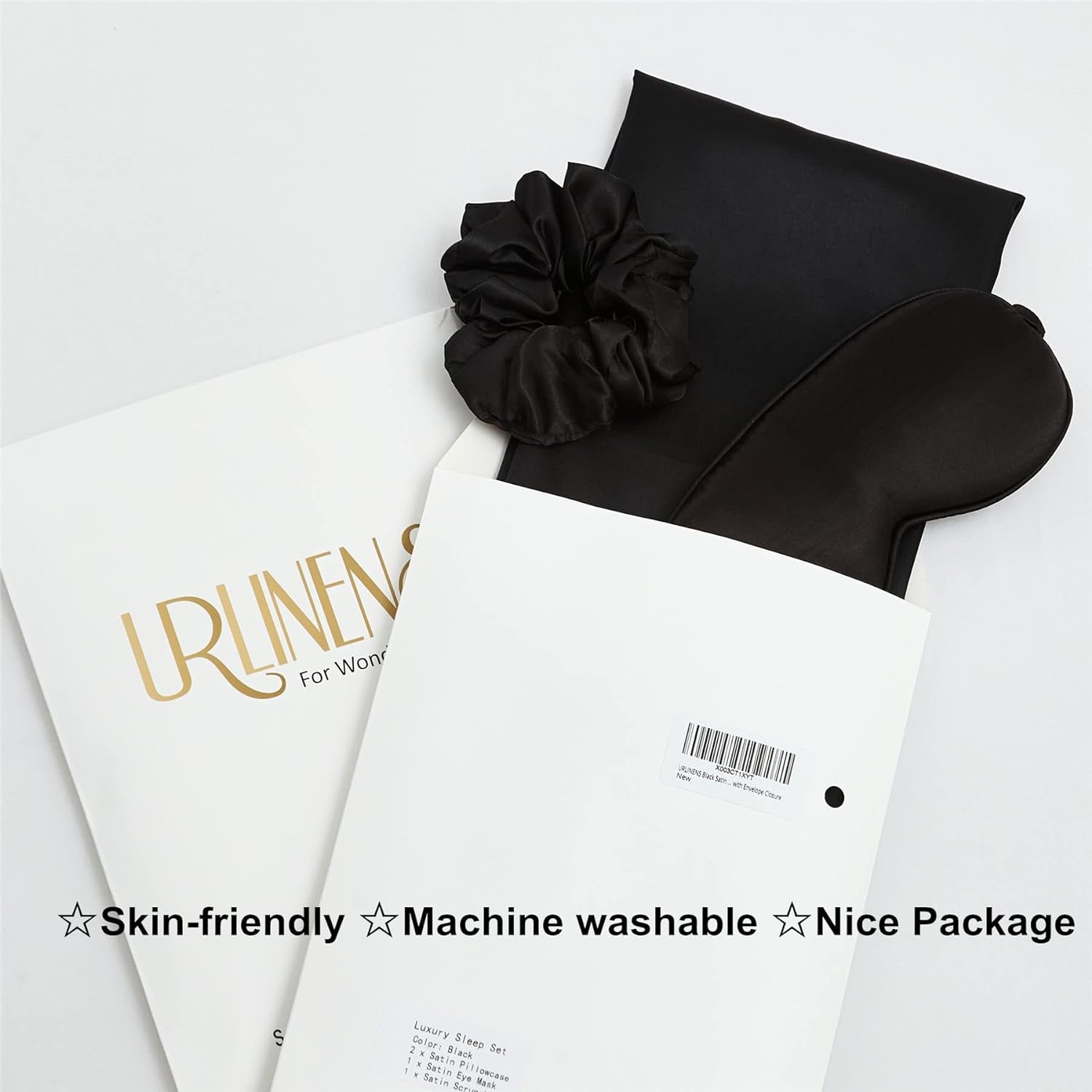 Satin Pillowcase Set - 2 Black Queen Size Pillowcases, 1 Eye Mask, 1 Scrunchie - Premium Silky Satin for Hair and Skin Protection, Hydrating and Reducing Friction
