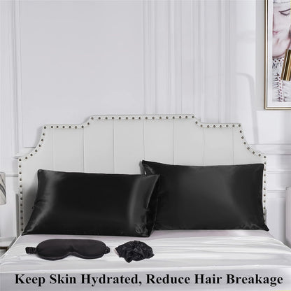 Satin Pillowcase Set - 2 Black Queen Size Pillowcases, 1 Eye Mask, 1 Scrunchie - Premium Silky Satin for Hair and Skin Protection, Hydrating and Reducing Friction
