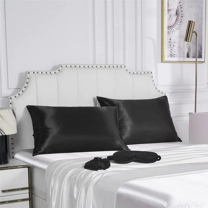 Satin Pillowcase Set - 2 Black Queen Size Pillowcases, 1 Eye Mask, 1 Scrunchie - Premium Silky Satin for Hair and Skin Protection, Hydrating and Reducing Friction
