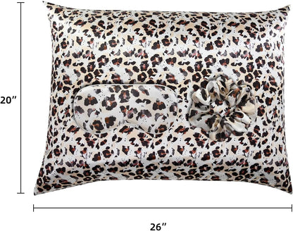 Elegant Luxury Satin Silk Pillowcase for Hair and Skin, Vegan Silk Pillowcase Cover Set with Hiden Zipper with Eye Mask and Scrunchie, Standard Size, Leopard