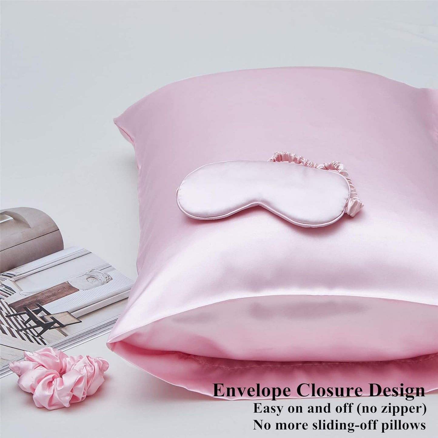Satin Pillowcase for Hair and Skin, Vegan Silk Pillowcase Set-2 Pink Satin Pillowcases, 1 Eye Mask, 1 Scrunchie-Luxury Sleep Set, Silky Standard Satin Pillow Cases with Envelope Closure