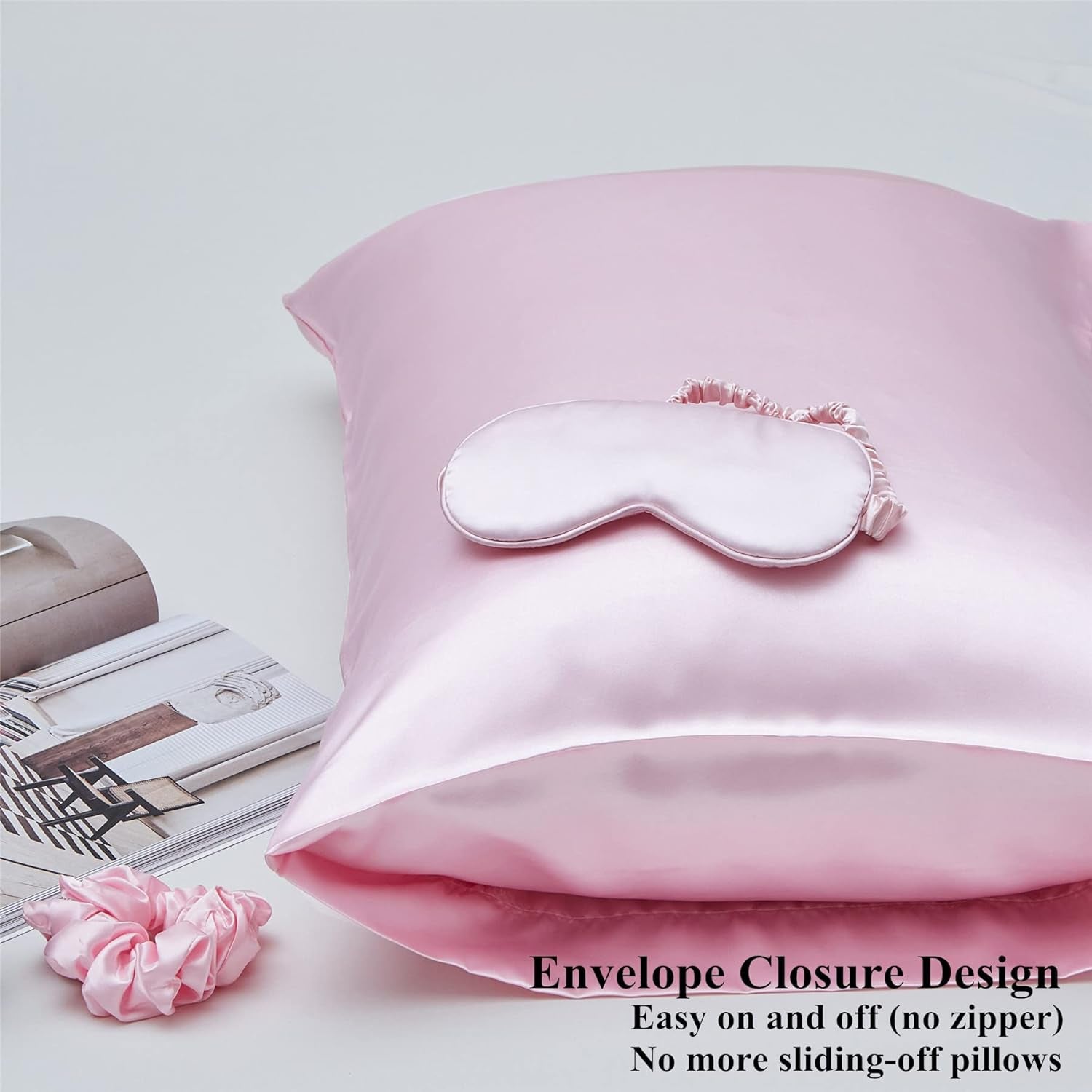 Satin Pillowcase for Hair and Skin, Vegan Silk Pillowcase Set-2 Pink Satin Pillowcases, 1 Eye Mask, 1 Scrunchie-Luxury Sleep Set, Silky Standard Satin Pillow Cases with Envelope Closure