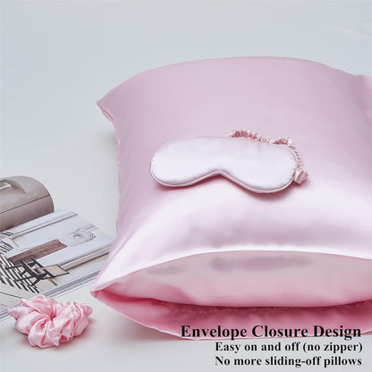 Satin Pillowcase for Hair and Skin, Vegan Silk Pillowcase Set-2 Pink Satin Pillowcases, 1 Eye Mask, 1 Scrunchie-Luxury Sleep Set, Silky Standard Satin Pillow Cases with Envelope Closure